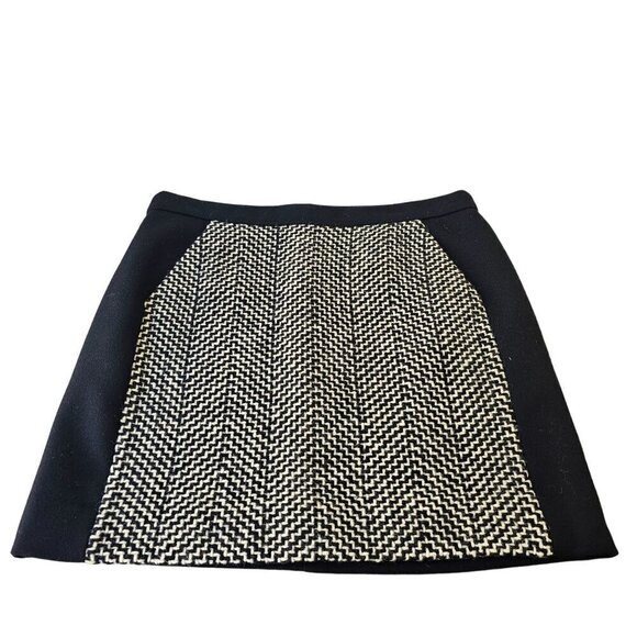 J Crew Black Wool A-Line Short Skirt Sz 8 Chevron Pattern Pocketed Front Panel - Picture 1 of 10